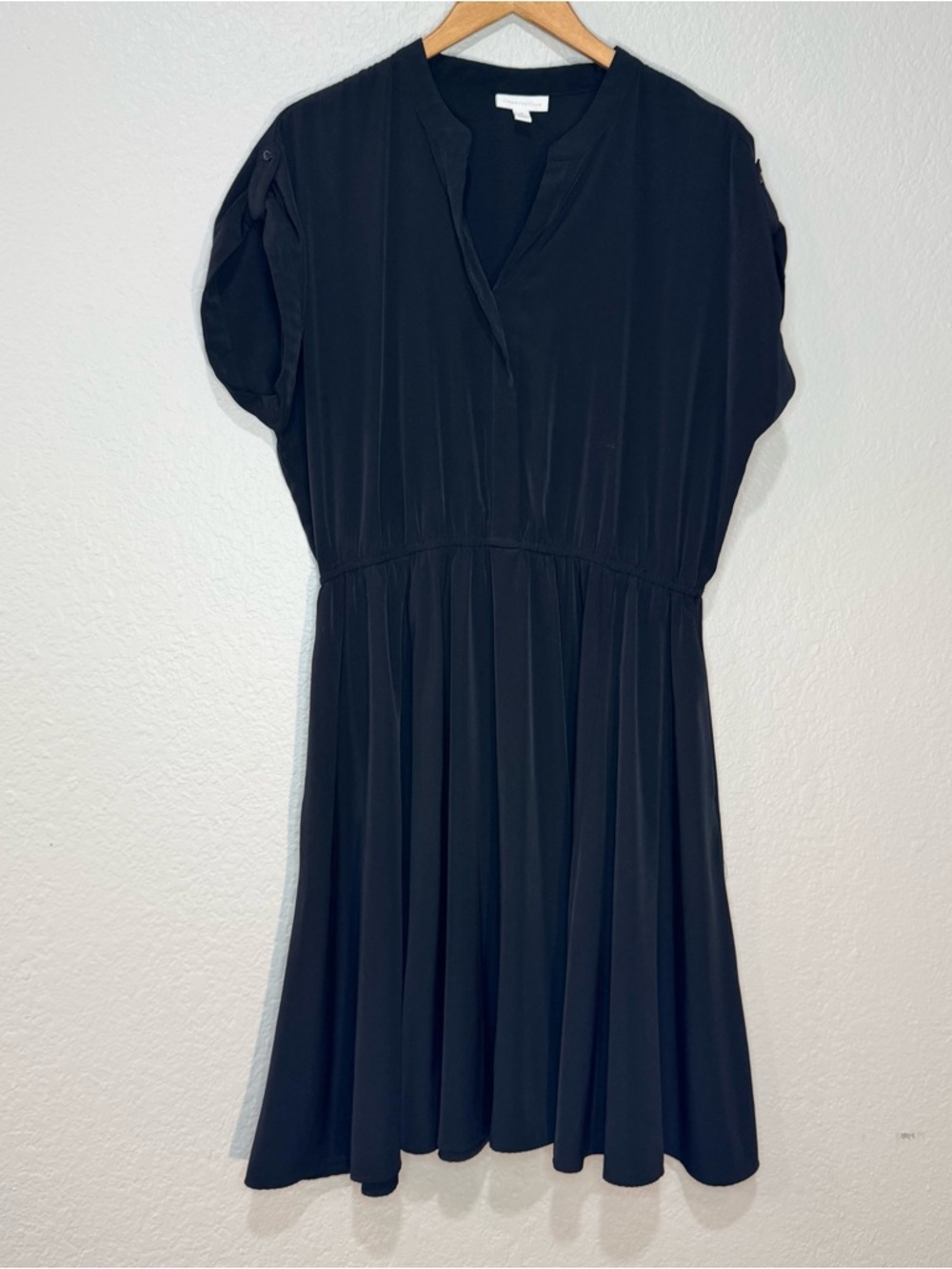 Charter Club Black V‑Neck Gathered Waist Midi Dress with Short Sleeves